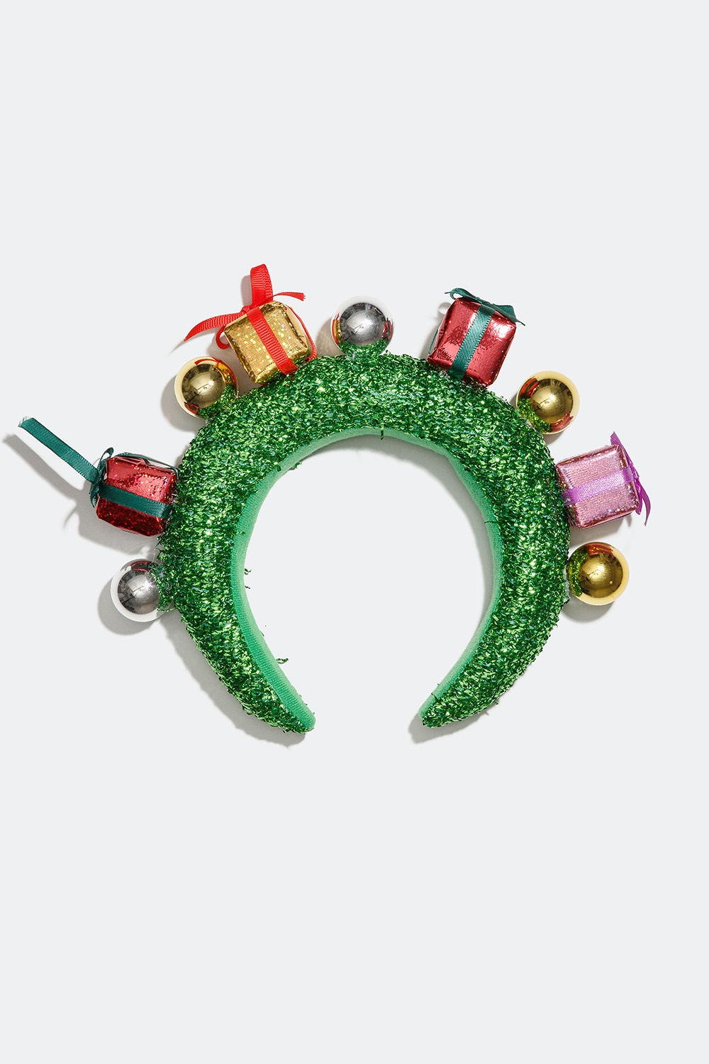 Pehmustettu hiuspanta, jossa on joululahjoja ja joulukuusenpalloja ryhmässä Joulu / Christmas Collection @ Glitter (178000067500)