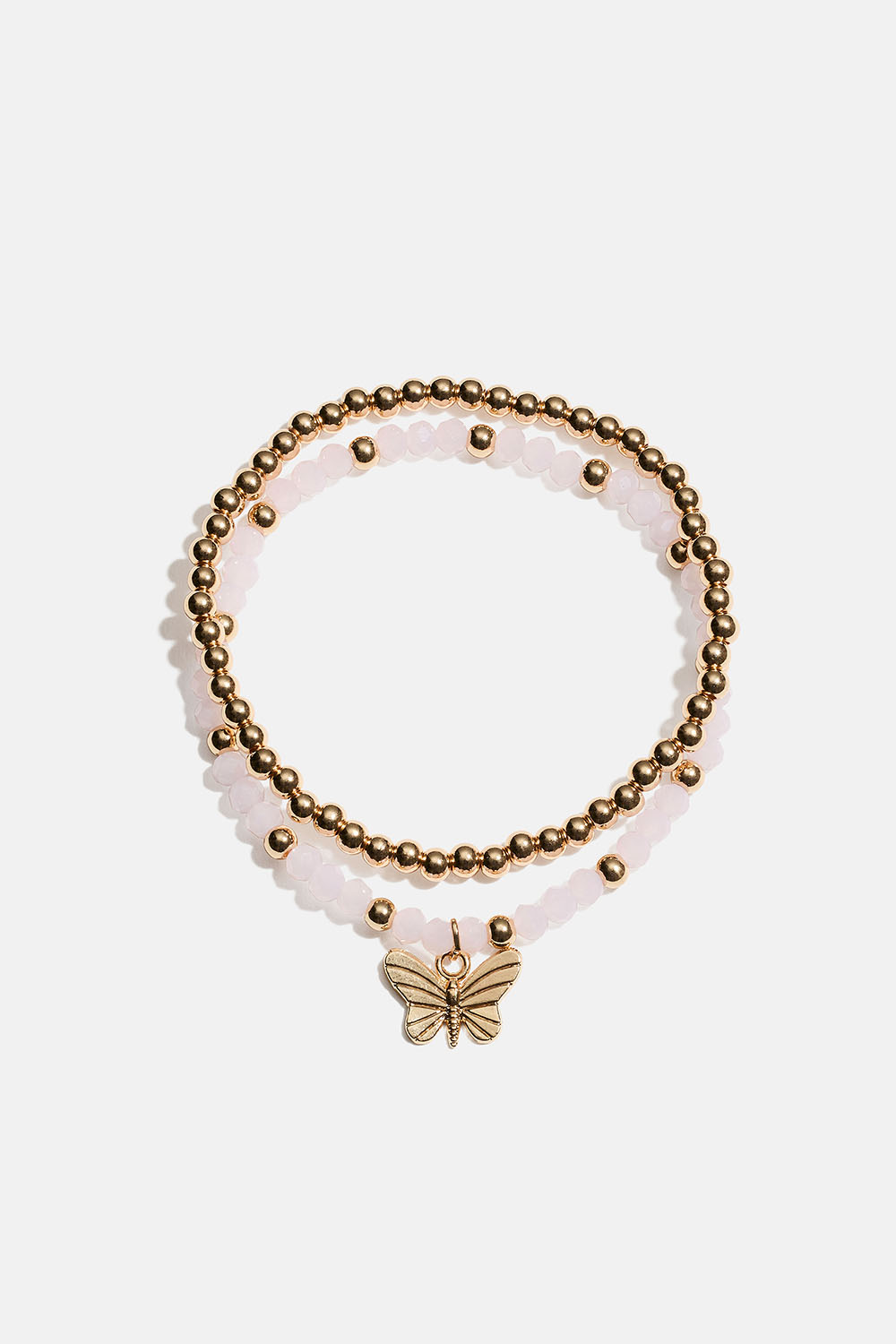 Joustavat rannekorut, joissa perhonen sekä vaaleanpunaisia ja kullanvärisiä helmiä, 2 kpl ryhmässä Korut / Rannekorut / Monipakkaus @ Glitter (251001972002)