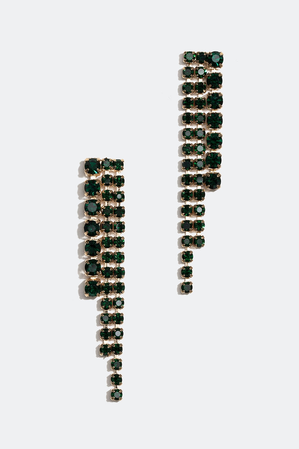 Kullanväriset strassikorvakorut, joissa kolme vihreää lenkkiä ryhmässä Korut / Korvakorut / Strassikorvakorut @ Glitter (253005337502)