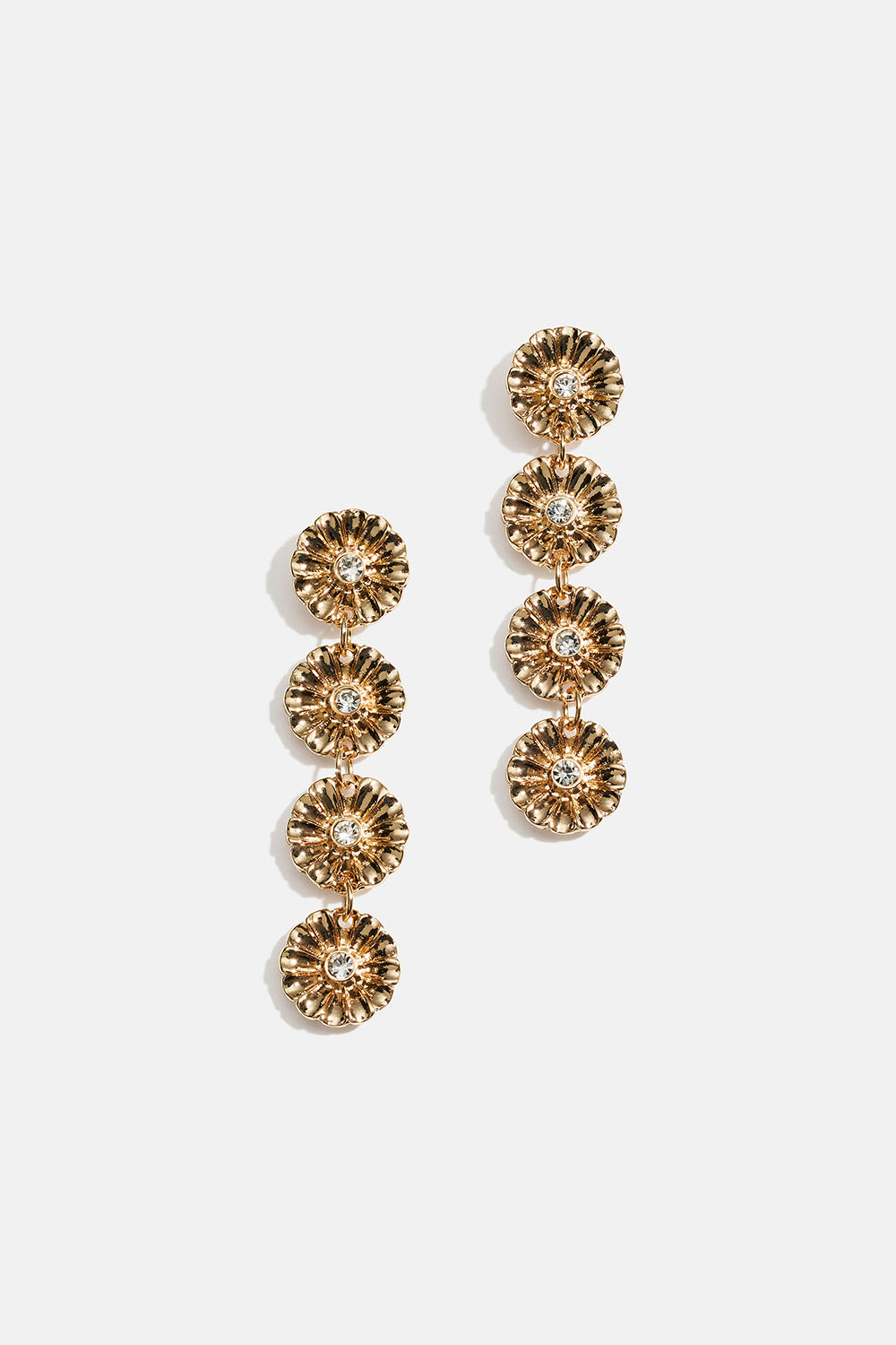 Pitkät kullanväriset korvakorut, joissa kukkia ja lasikiviä ryhmässä Korut / Korvakorut @ Glitter (253010702002)