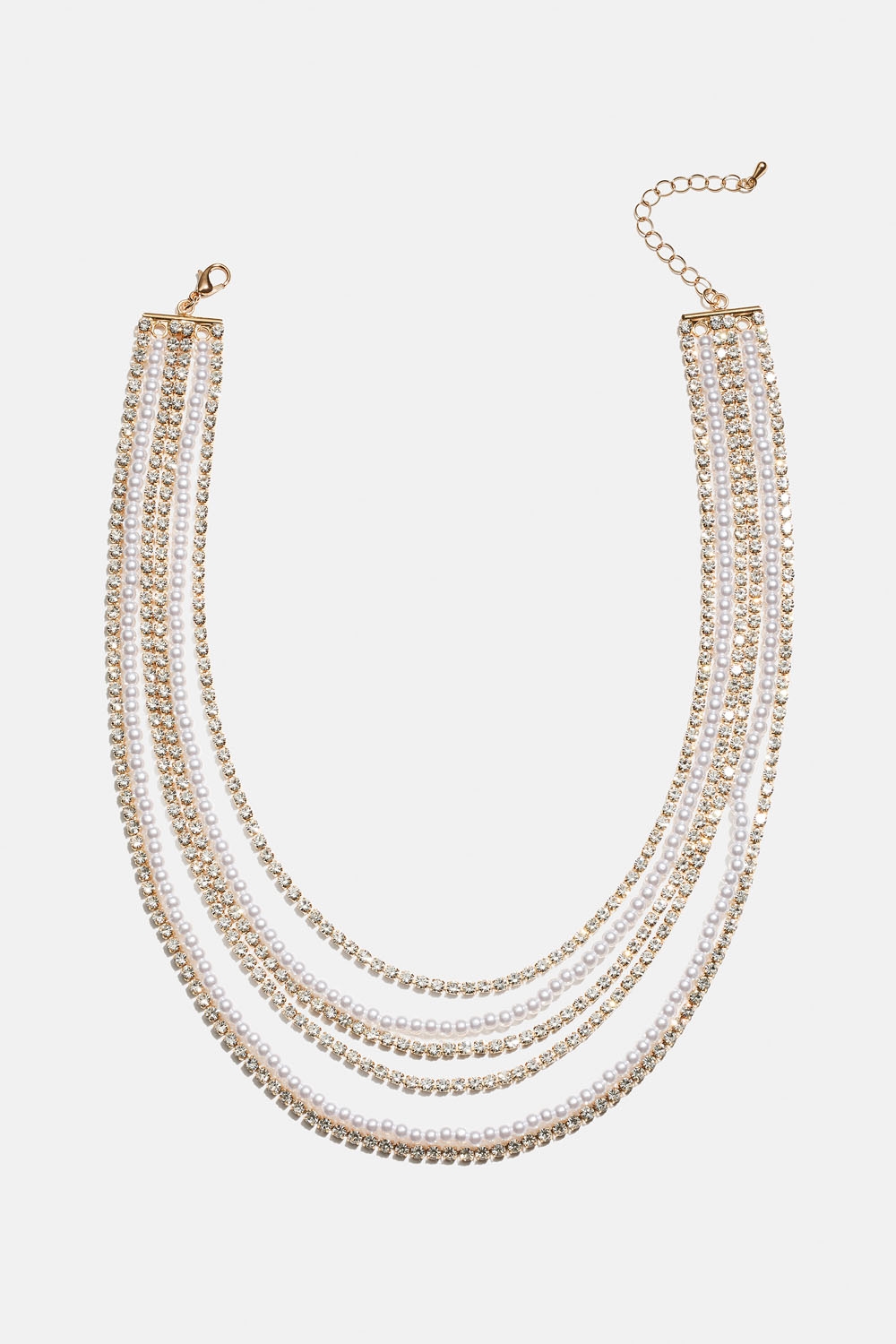 Kullanvärinen kaulakoru, jossa on kahdeksan ketjua strasseja ja helmiä ryhmässä Korut / Kaulakorut / Strassikaulakorut @ Glitter (254002422002)