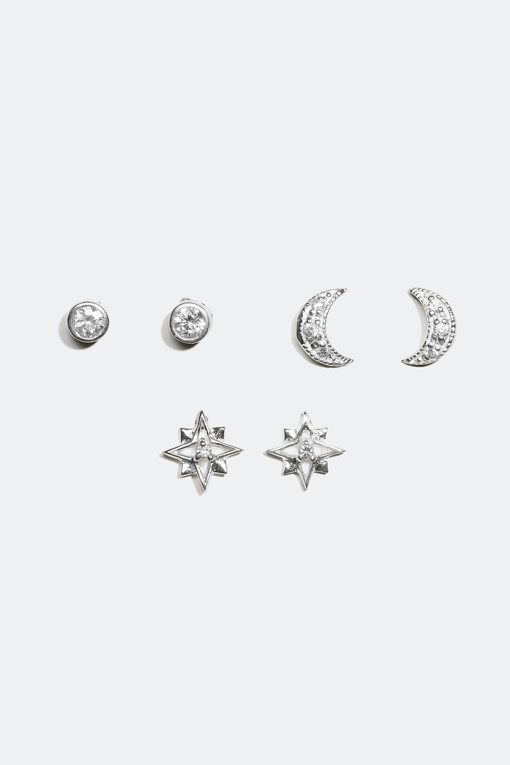 Nappikorvakorut eri muotoilulla, kuu ja tähti, aitoa hopeaa, 3 kpl ryhmässä Aitoa Hopeaa / Hopeiset korvakorut / Monipakkaus @ Glitter (323417011000)