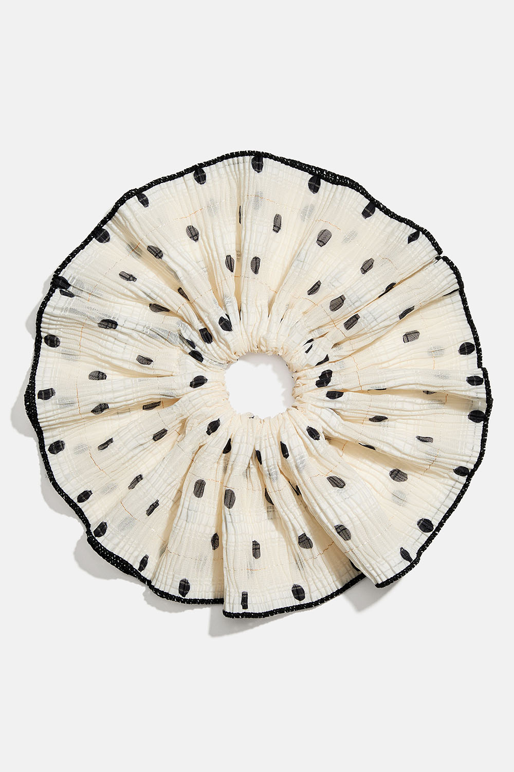 Suuri valkoinen hiusdonitsi, jossa mustia pilkkuja ja musta reunus ryhmässä Hiustuotteet / Scrunchie-hiusdonitsit / Megahiusdonitsit @ Glitter (332001603400)