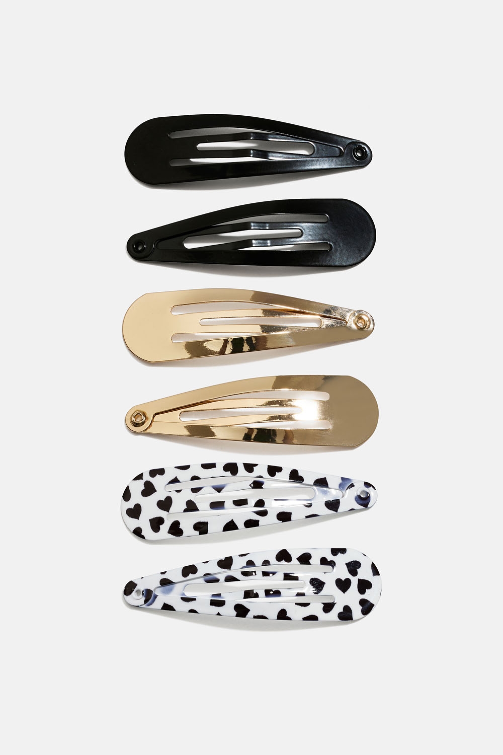 Mustat, kultaiset ja sydänkuvioiset hiussoljet, 6 kpl ryhmässä Lapsille / Lasten hiustuotteet / Lasten hiussoljet @ Glitter (403000409900)