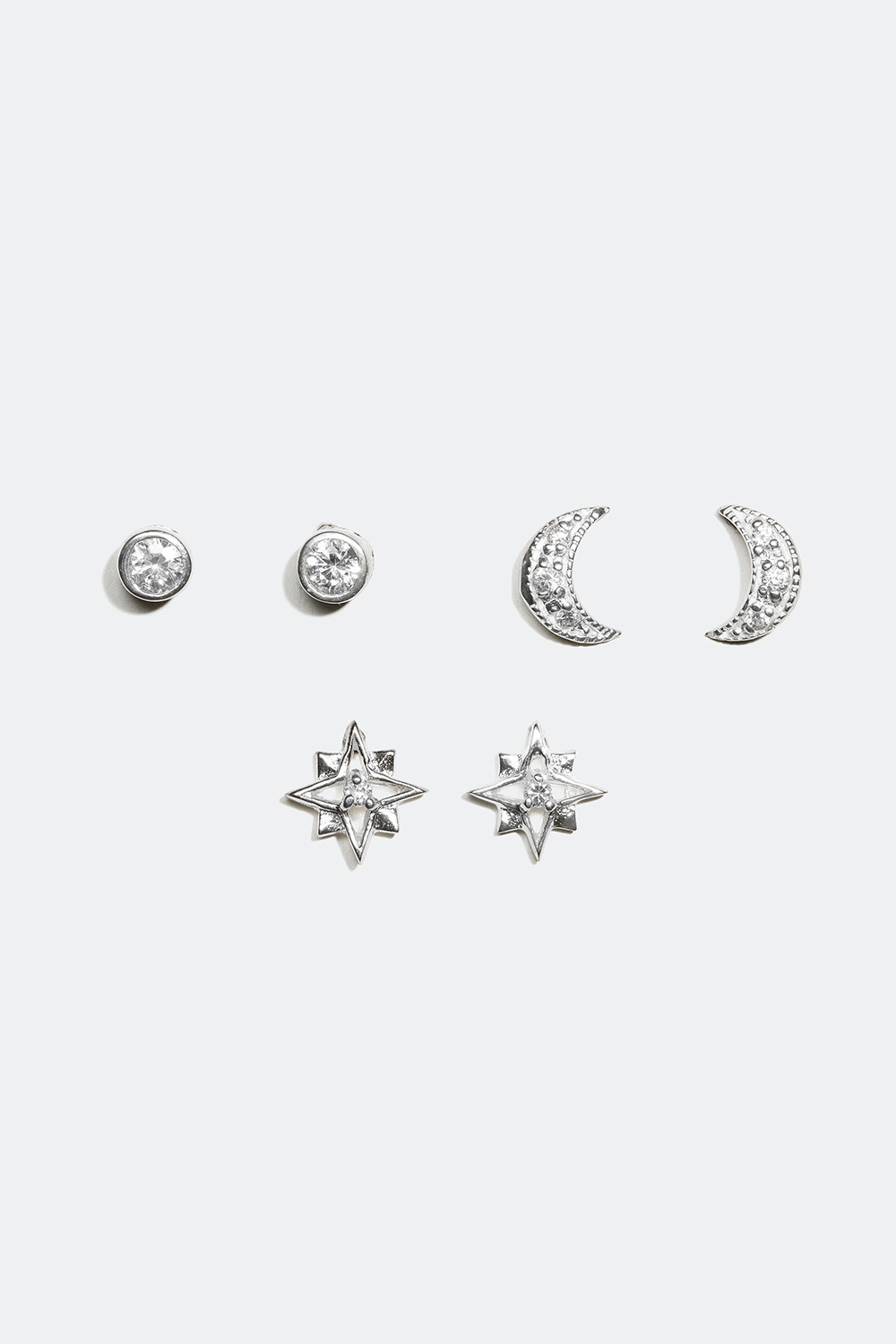 Nappikorvakorut eri muotoilulla, kuu ja tähti, aitoa hopeaa, 3 kpl