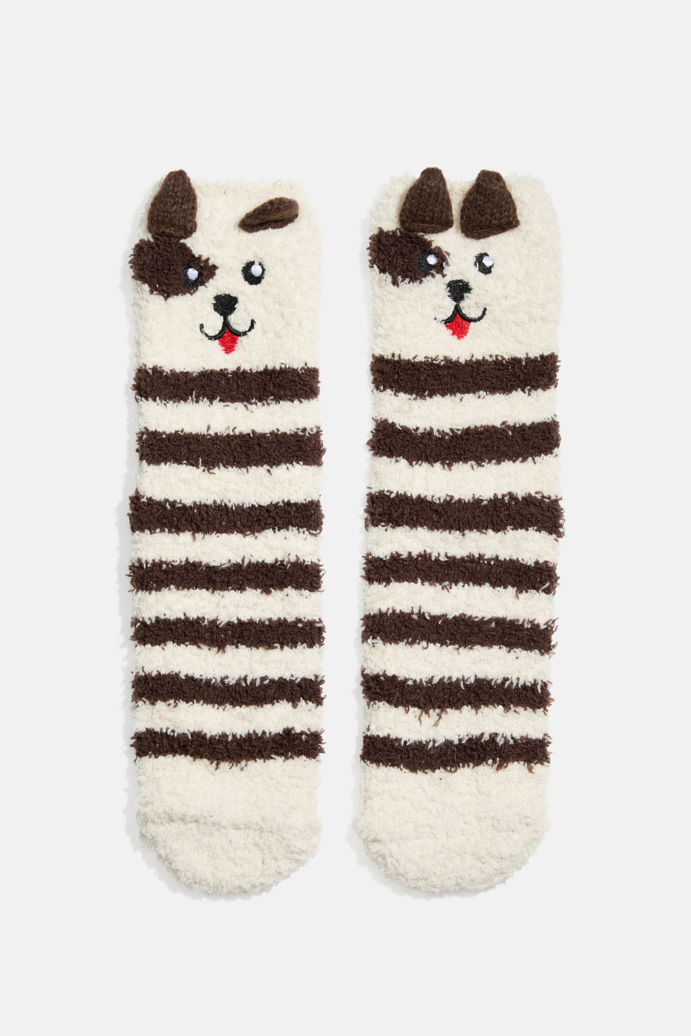 Pörröiset sukat, joissa on koristeena koira