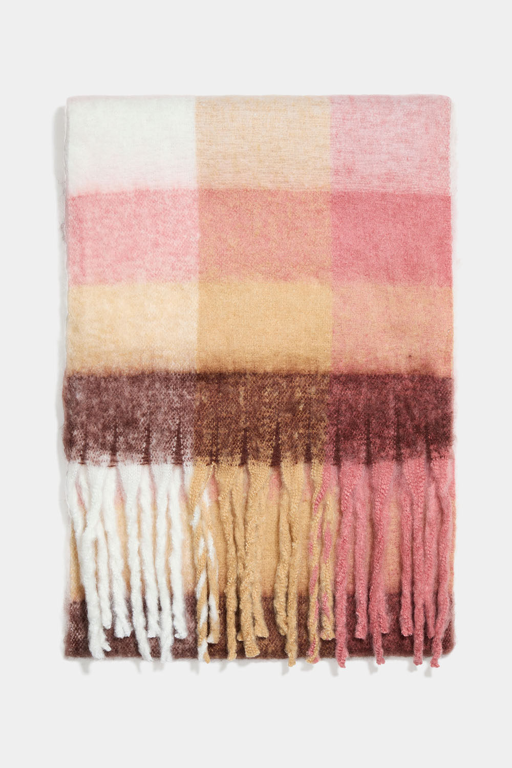 Harjattu vaaleanpunainen ja beige kaulahuivi, jossa ruudullinen kuvio