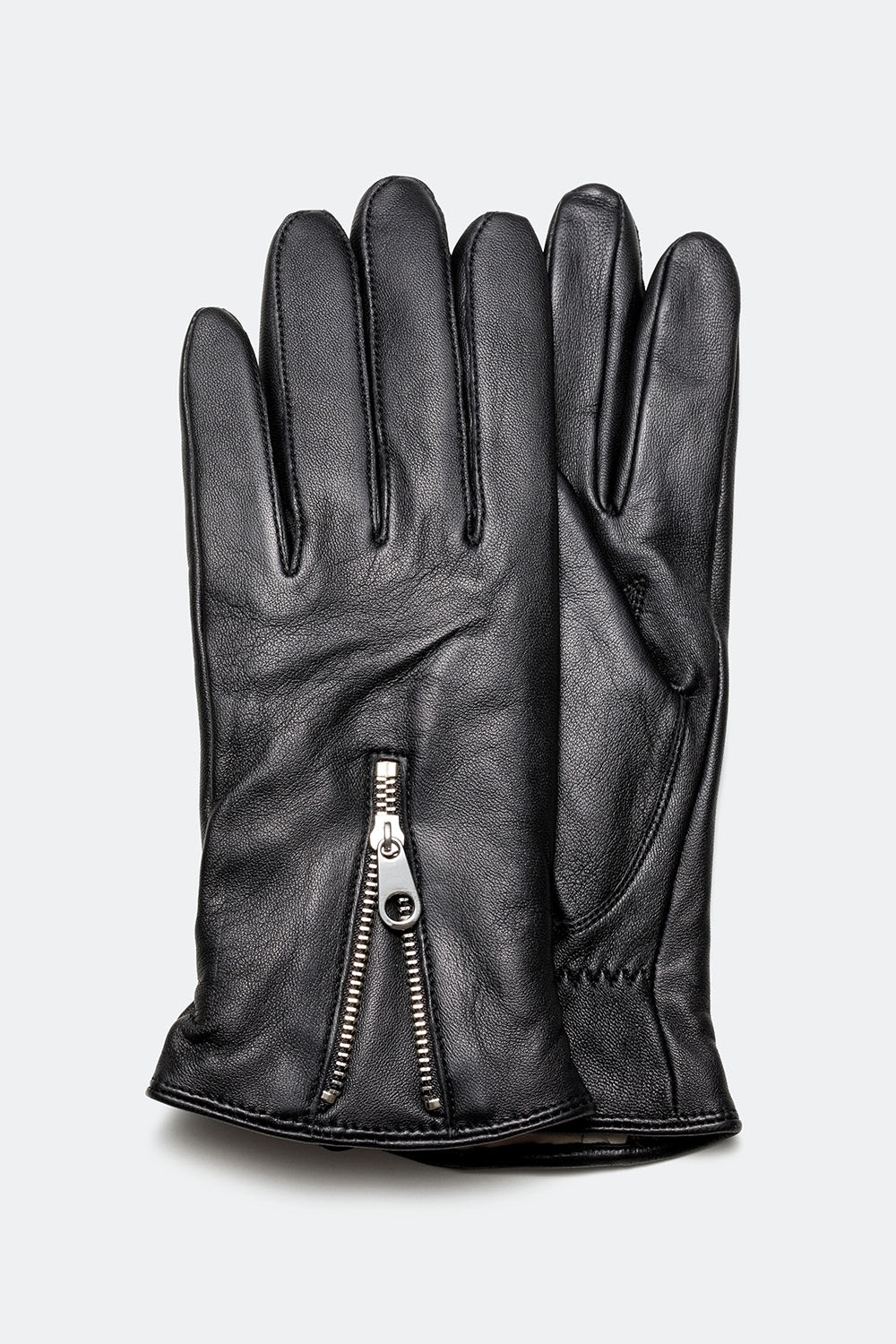 Mustat nahkakäsineet, joissa vetoketju