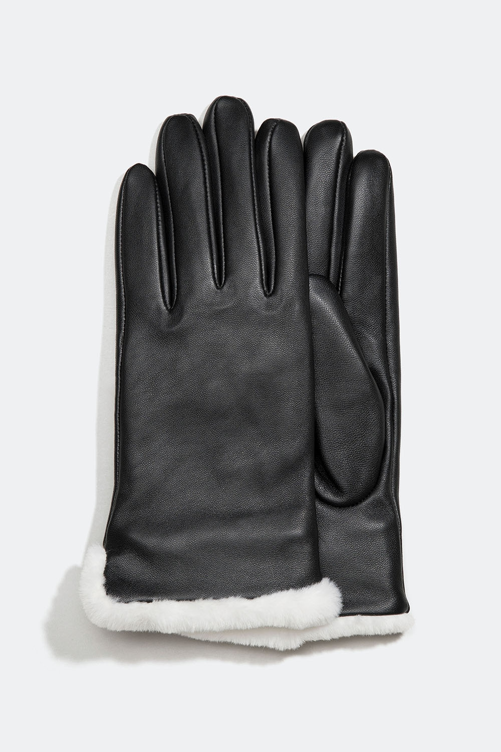 Mustat nahkakäsineet valkoisella tekoturkiksella