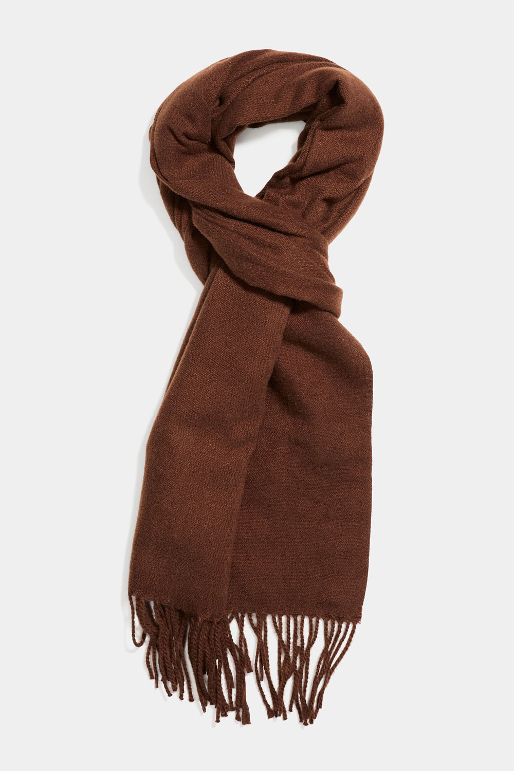 Ruskea kaulahuivi, jossa hapsut