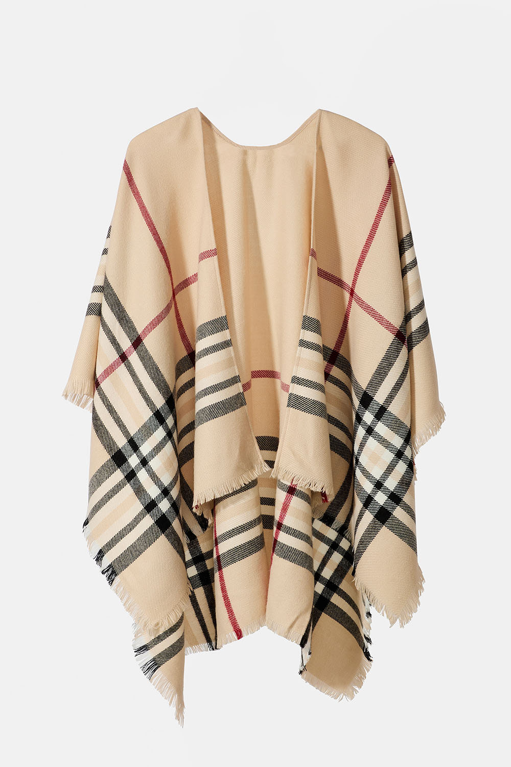 Beige ruudullinen poncho hapsuilla