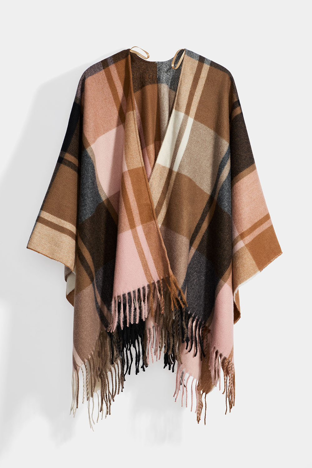 Beige ruudullinen poncho, jossa hapsut