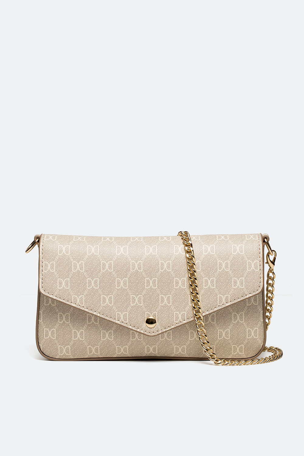 Pieni vaaleanbeige kuviollinen laukku ketjuremmillä