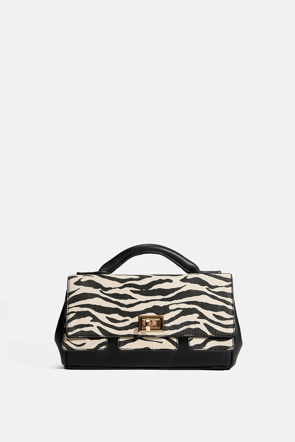 Pieni musta laukku, jossa on seeprakuvio ja olkahihna