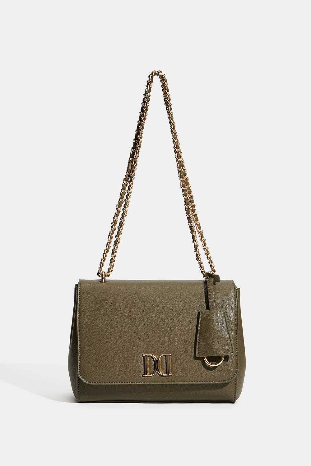 Vihreä laukku, jossa on kullanvärinen olkahihna