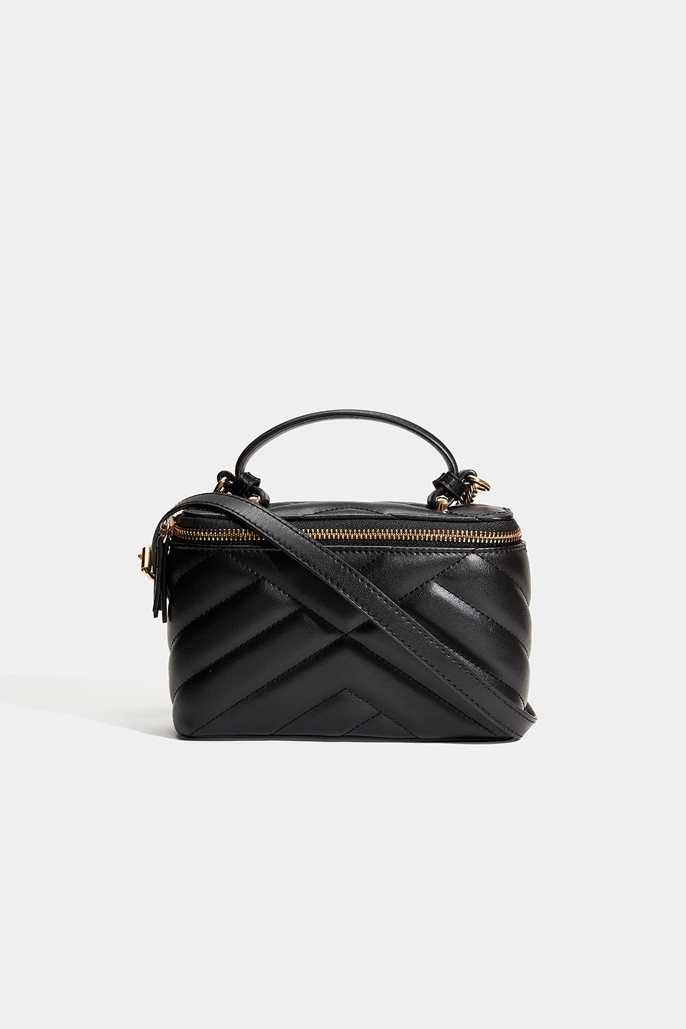 Musta crossbody-laukku, jossa tikattu kuvio