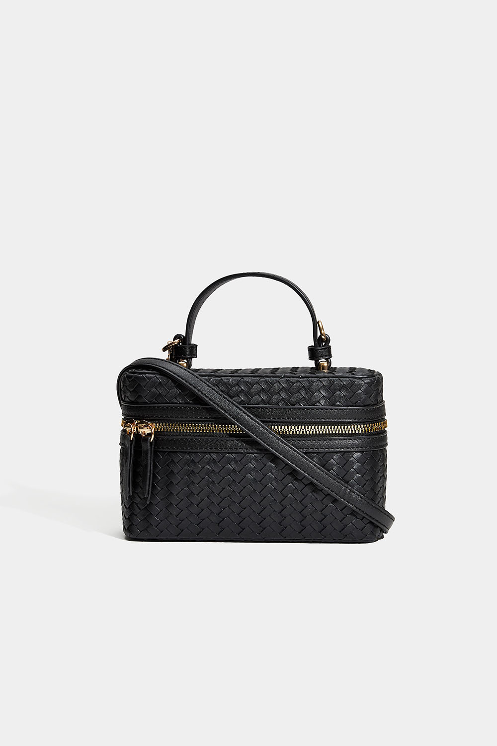 Musta crossbody-laukku, jossa punottu pinta