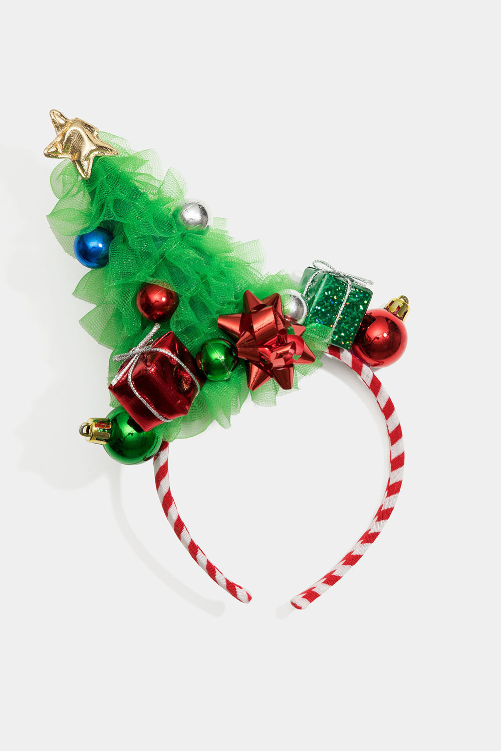 Hiuspanta, jossa joulukuusi, joululahjoja ja joulupalloja