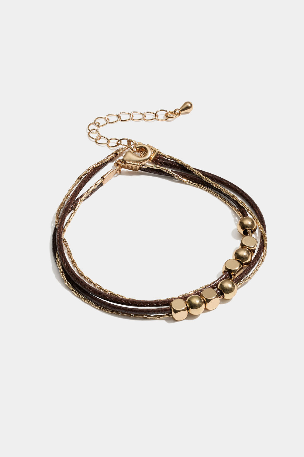 Rannekoru, jossa ketju, nyöri ja kultahelmiä