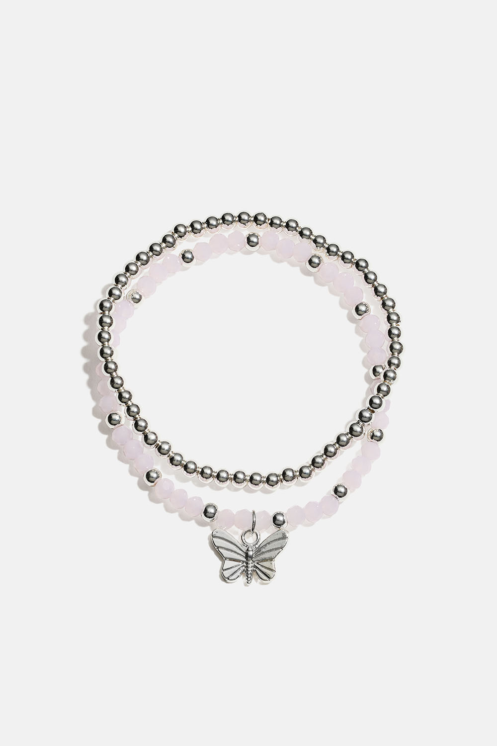 Joustavat rannekorut, joissa perhonen ja vaaleanpunaisia ja hopeanvärisiä helmiä, 2 kpl