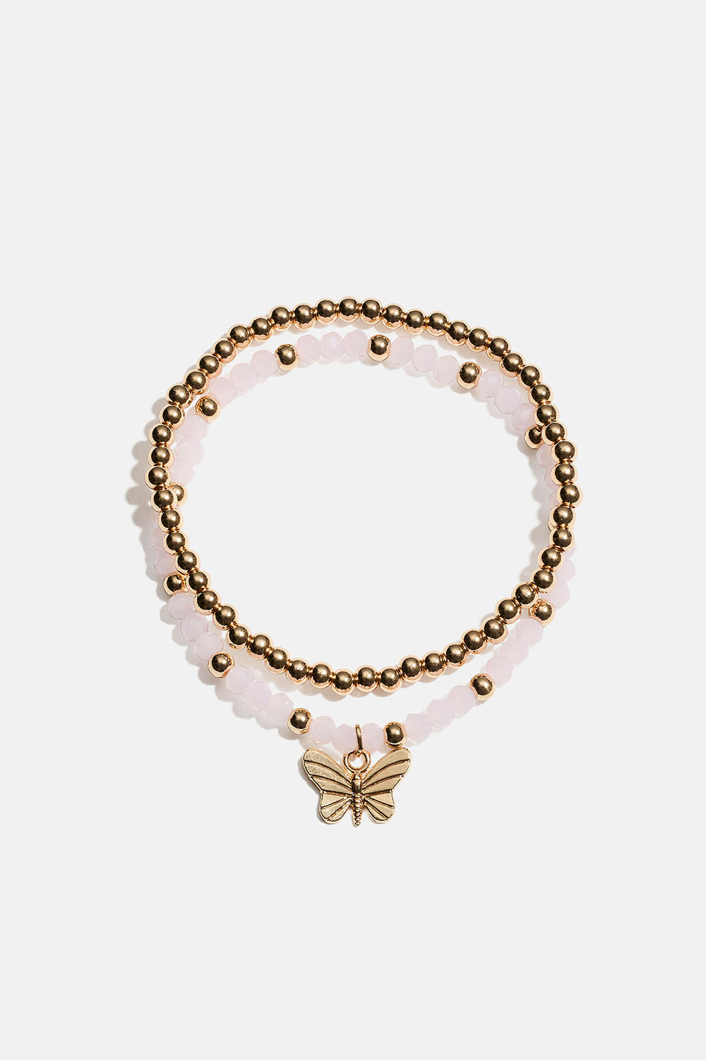 Joustavat rannekorut, joissa perhonen sekä vaaleanpunaisia ja kullanvärisiä helmiä, 2 kpl