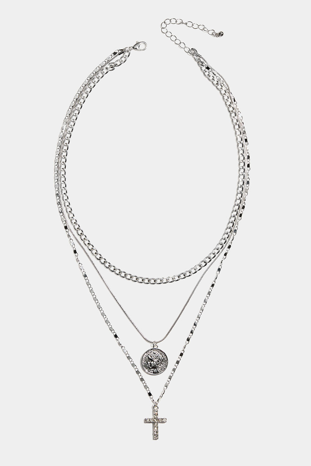 Kolminkertainen kaulaketju ristillä ja kolikoilla