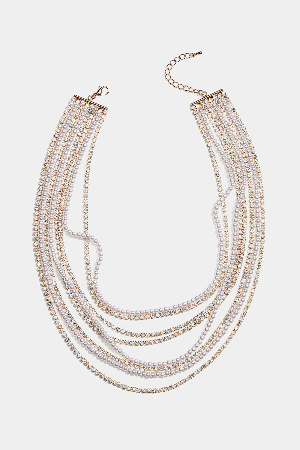 Kullanvärinen kaulakoru, jossa on kahdeksan ketjua strasseja ja helmiä