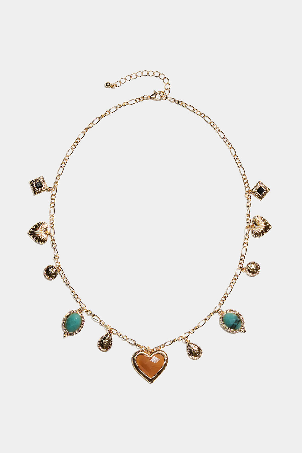 Kullanvärinen kaulakoru erilaisilla riipuksilla