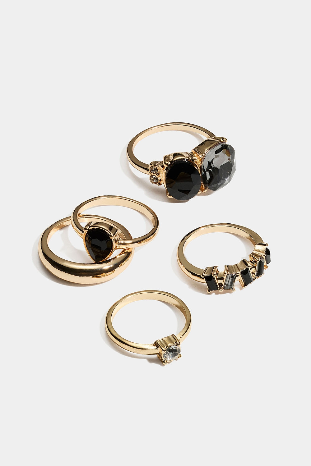 Sormukset, joissa on mustia ja harmaita lasikiviä, 5 kpl