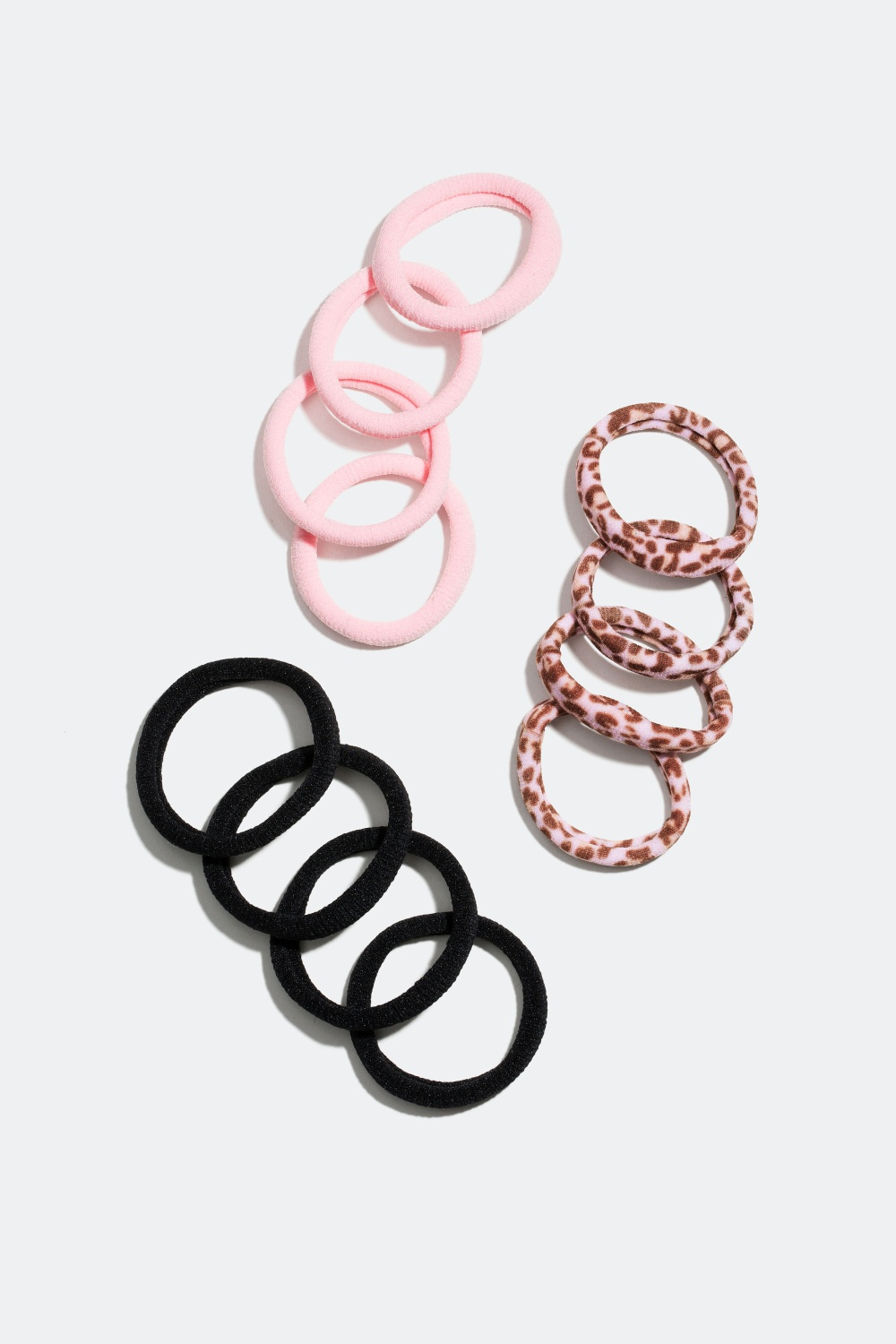 Vaaleanpunaiset, mustat ja leopardikuosiset hiuslenkit, 12 kpl