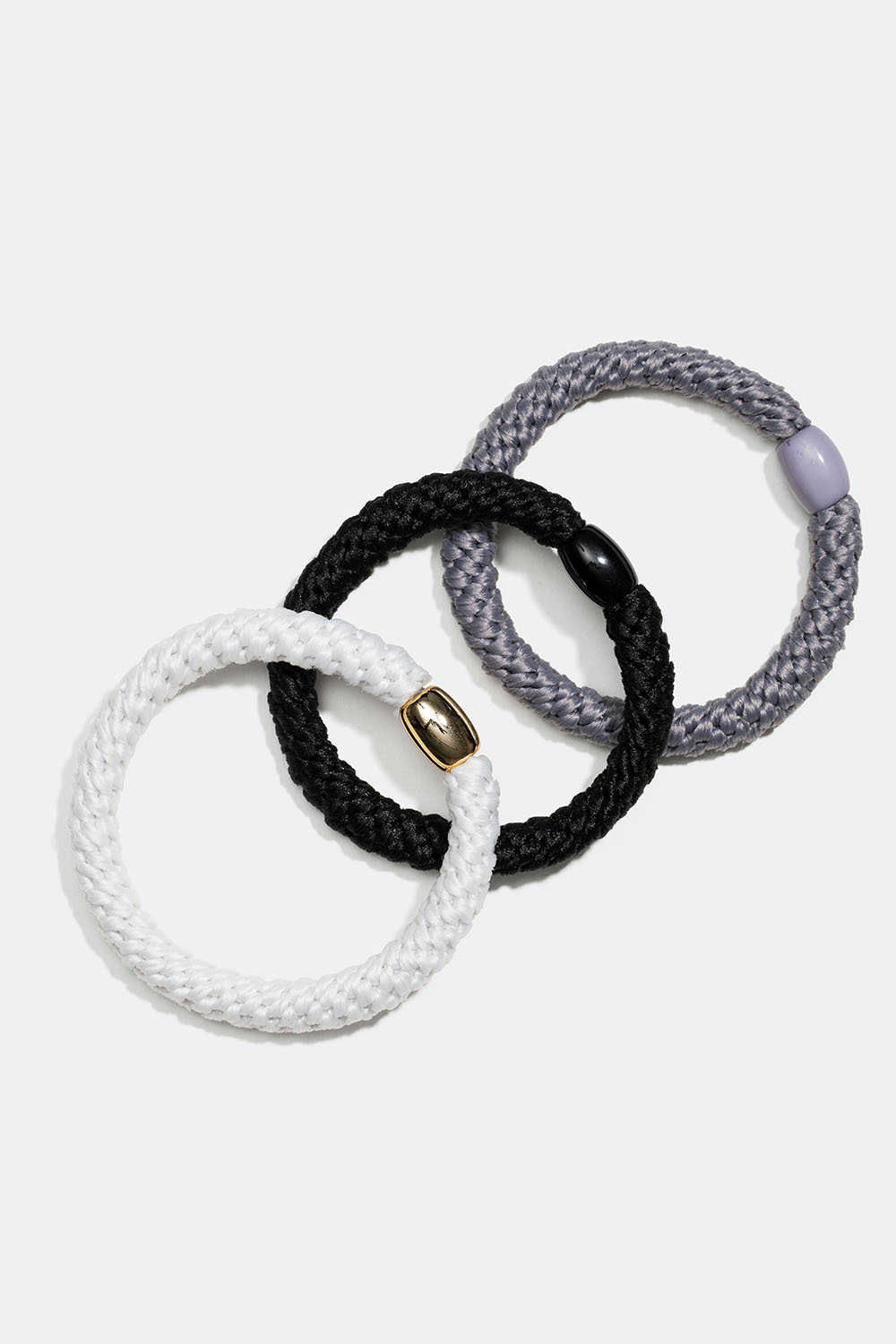 Punotut hiuslenkit (musta, harmaa ja valkoinen), 3 kpl/pakk.