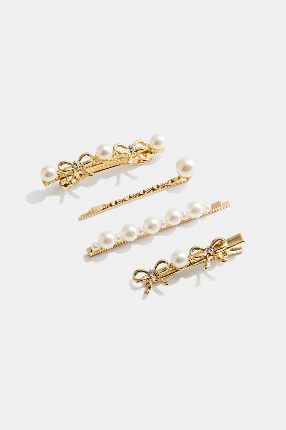 Kullanväriset hiusklipsit, joissa rusetteja ja helmiä, 4 kpl