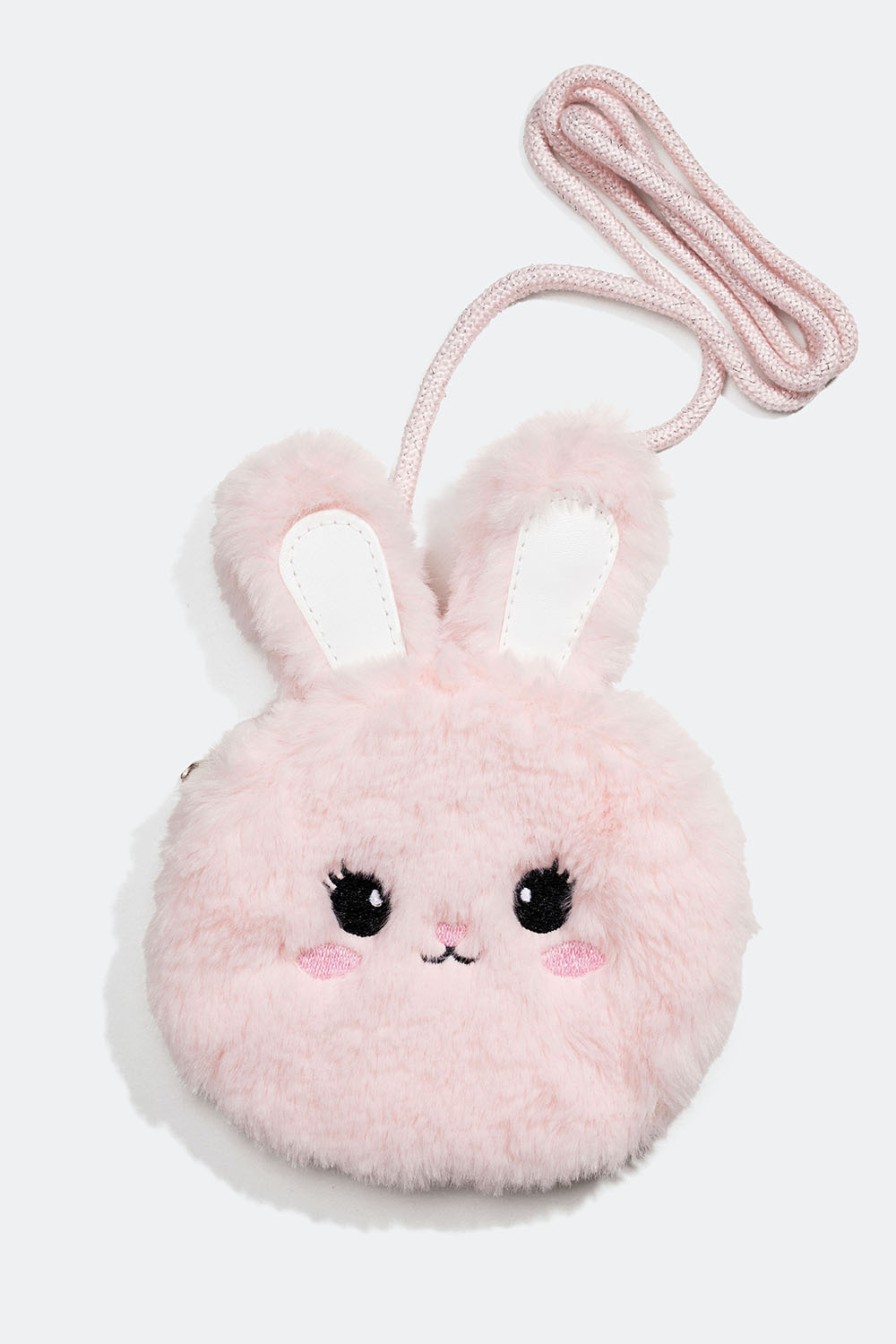 Vaaleanpunainen pörröinen olkalaukku, jossa on pupukuvio