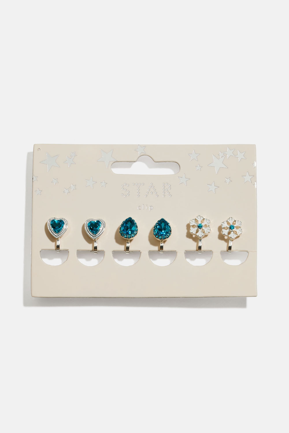 Klipsikorvakorut,joissa sydämiä ja lumihiutaleita, 3 paria