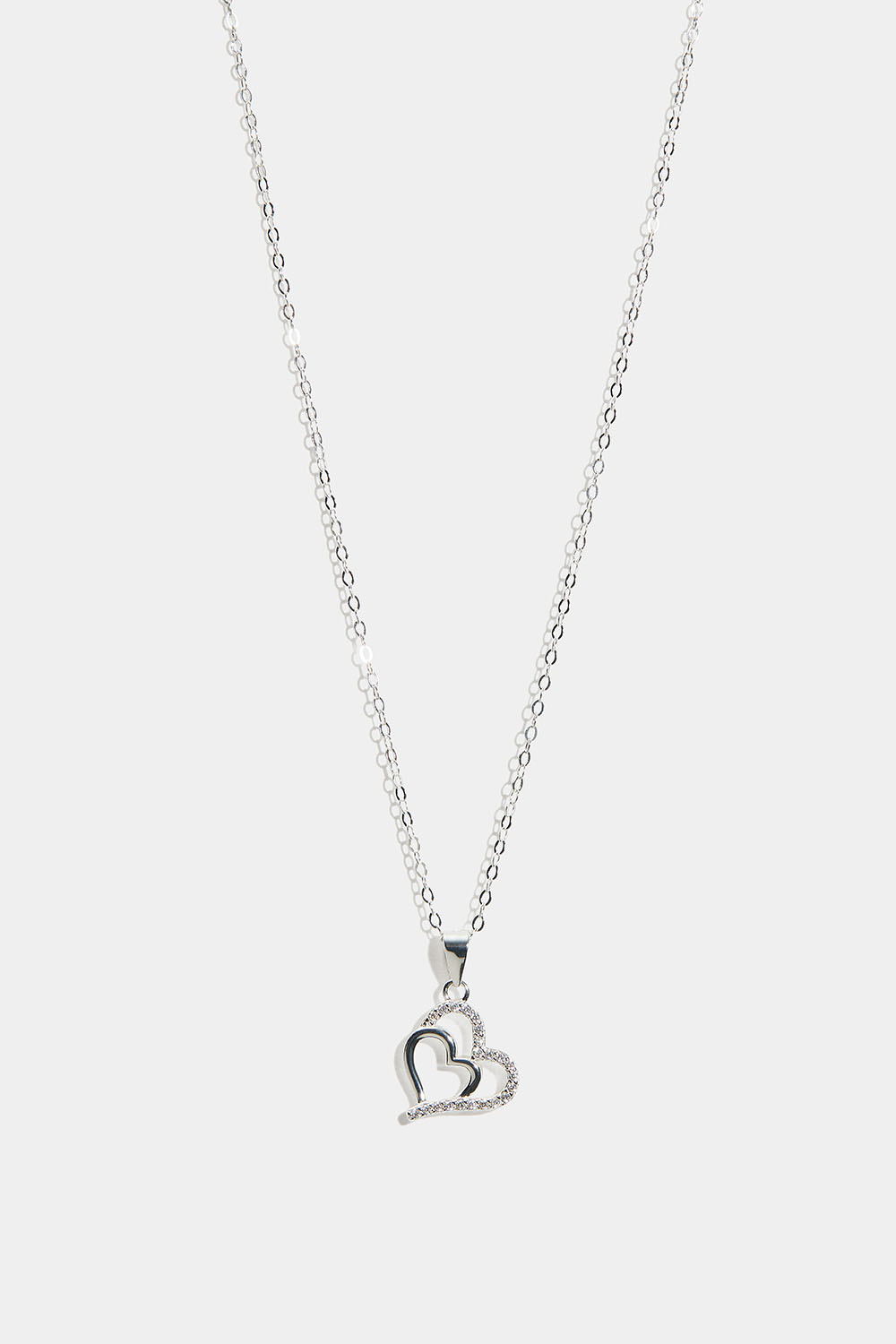 Aidosta hopeasta valmistettu kaulakoru, jossa on tuplasydän ja Cubic Zirconia -kivi